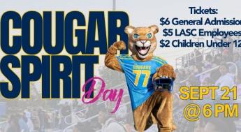 cougar mascot wearing football jersey on sign for cougar spirit day with ticket prices and date
