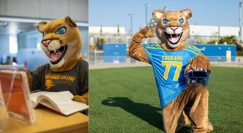 LASC cougar reading and wearing football jersey