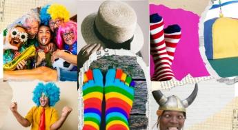 collage of people wearing crazy socks, hats and wigs