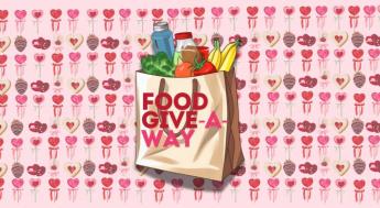 Food giveaway with grocery bags in front of candy background