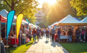 A lively outdoor internship fair with colorful booths and banners on a sunny day, people in the background networking, focusing on career opportunities