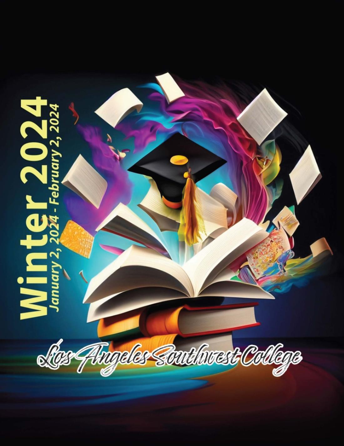 whirlwind of books with graduation cap LASC 2024 Winter Class Schedule