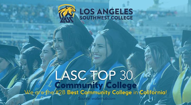 LASC Top 30 Community Colleges listed on graduation photo of multiple students smiling