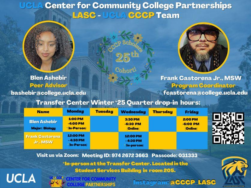 flyer for UCLA transfer open house with two representatives from the campus