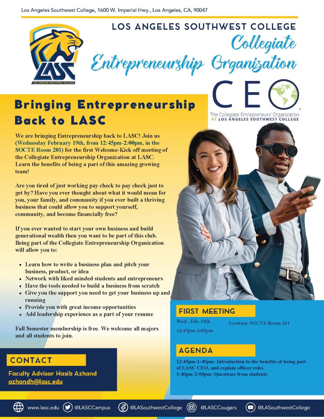 CEO and LASC entrepreneurship club information session on Feb 19th at 12:45