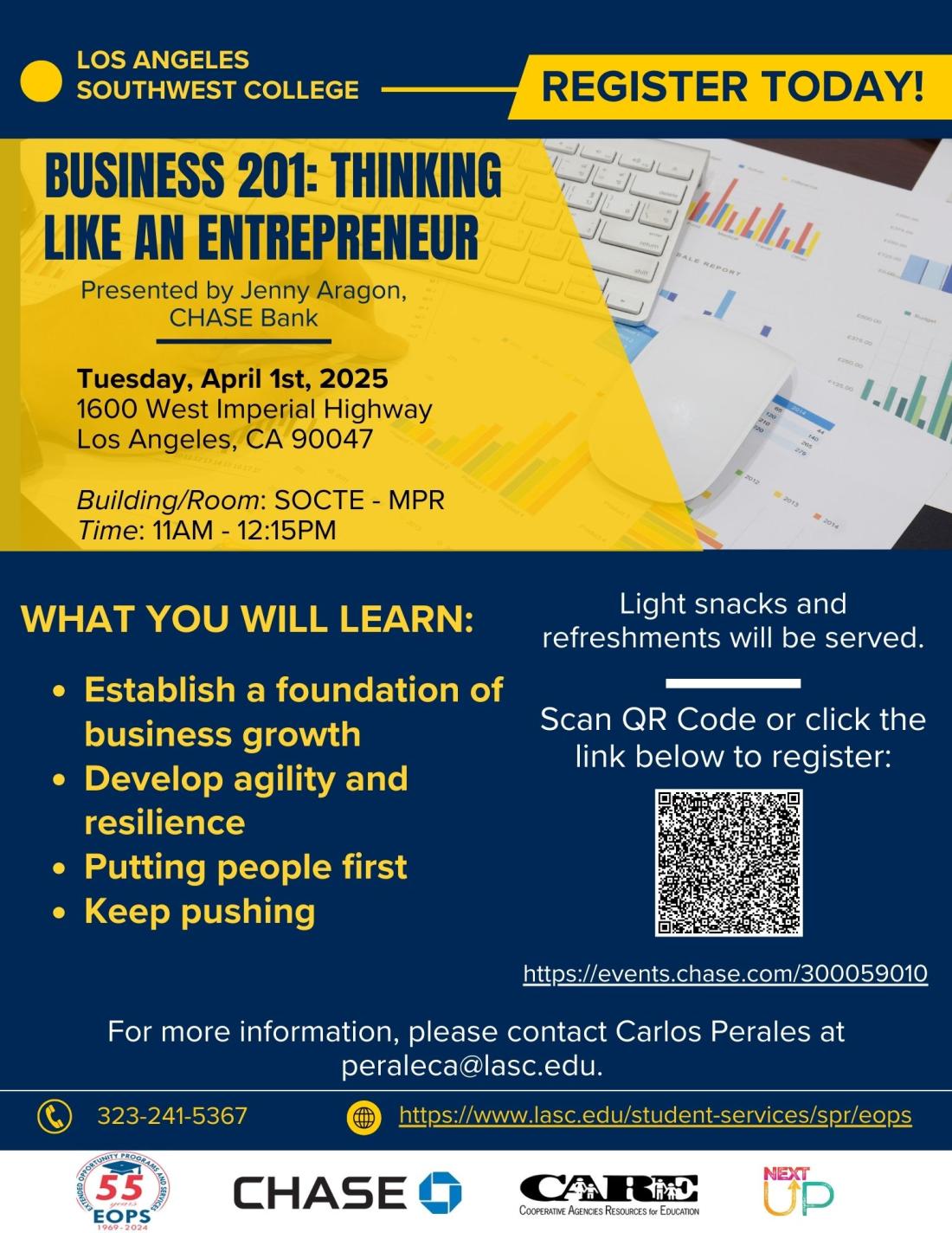 Business 201 flyer for entrepreneur workshop on April 1