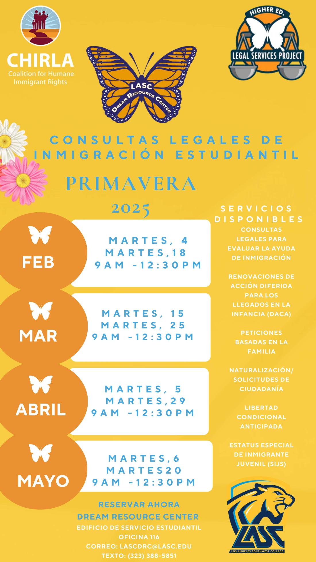 flyer in Espanol for immigration legal services in Spring 2025