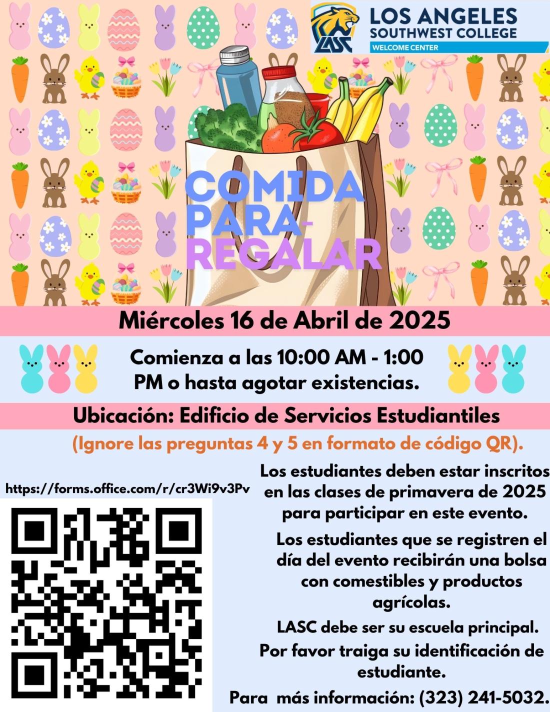Food giveaway flyer in Spanish with grocery bags in front of Spring background