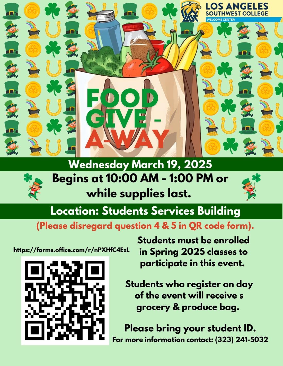 Food giveaway with grocery bags in front of St Patrick's Day background