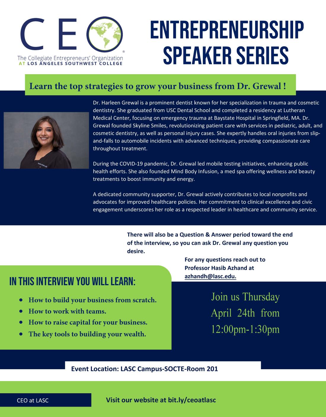 entrepreneurship speaker series featuring Harleen Grewal on 4/29 at noon