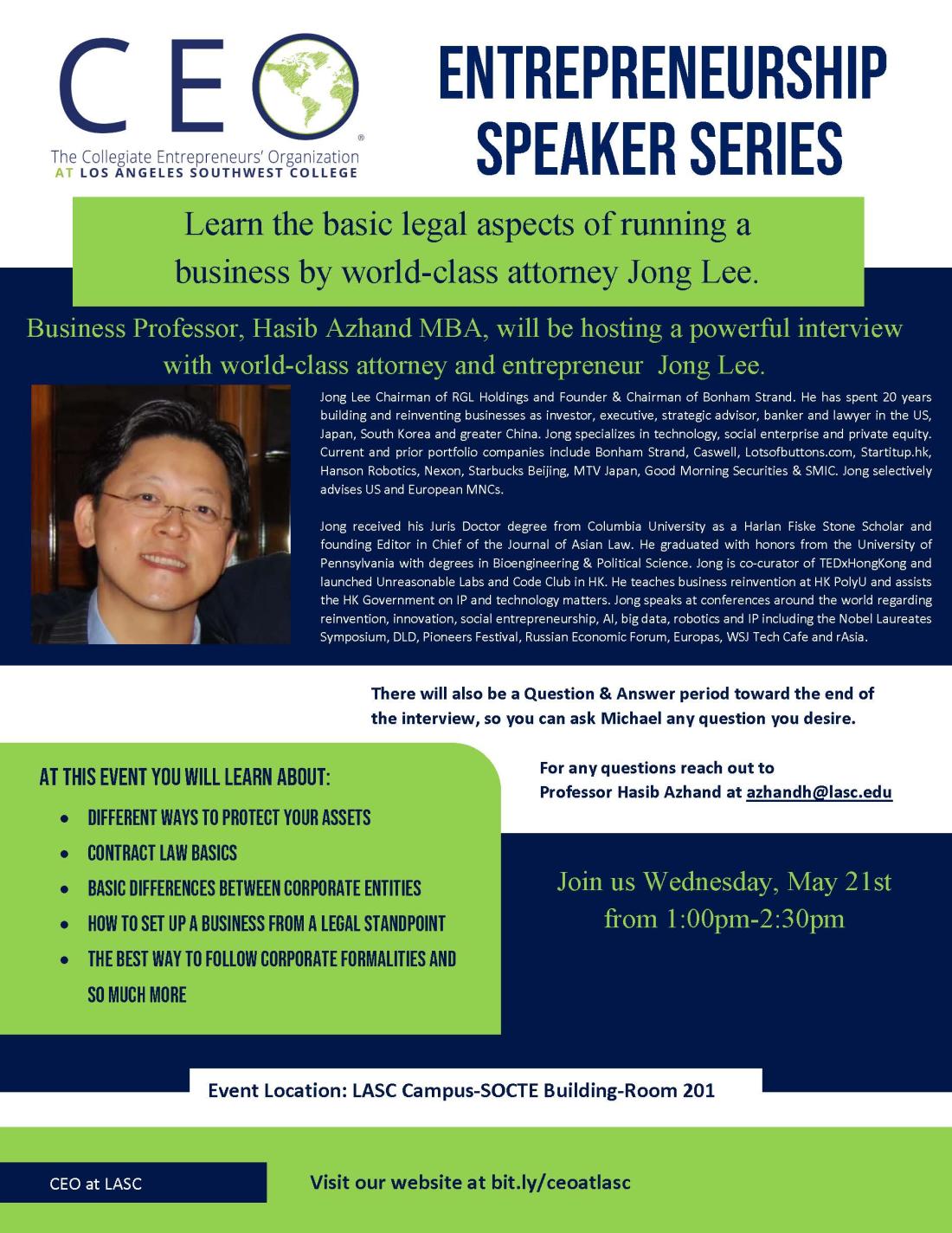 CEO and LASC entrepreneurship club information session featuring Jong Lee event details flyer