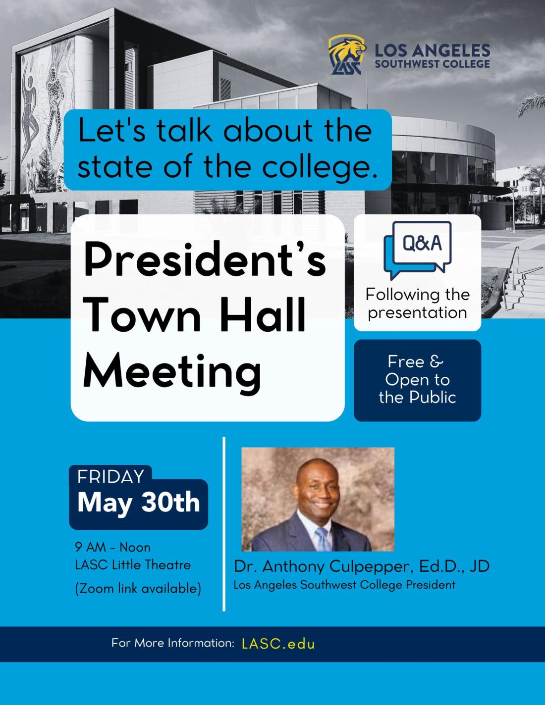 town hall flyer for may 30th event at lasc little theatre from 9 am to noon