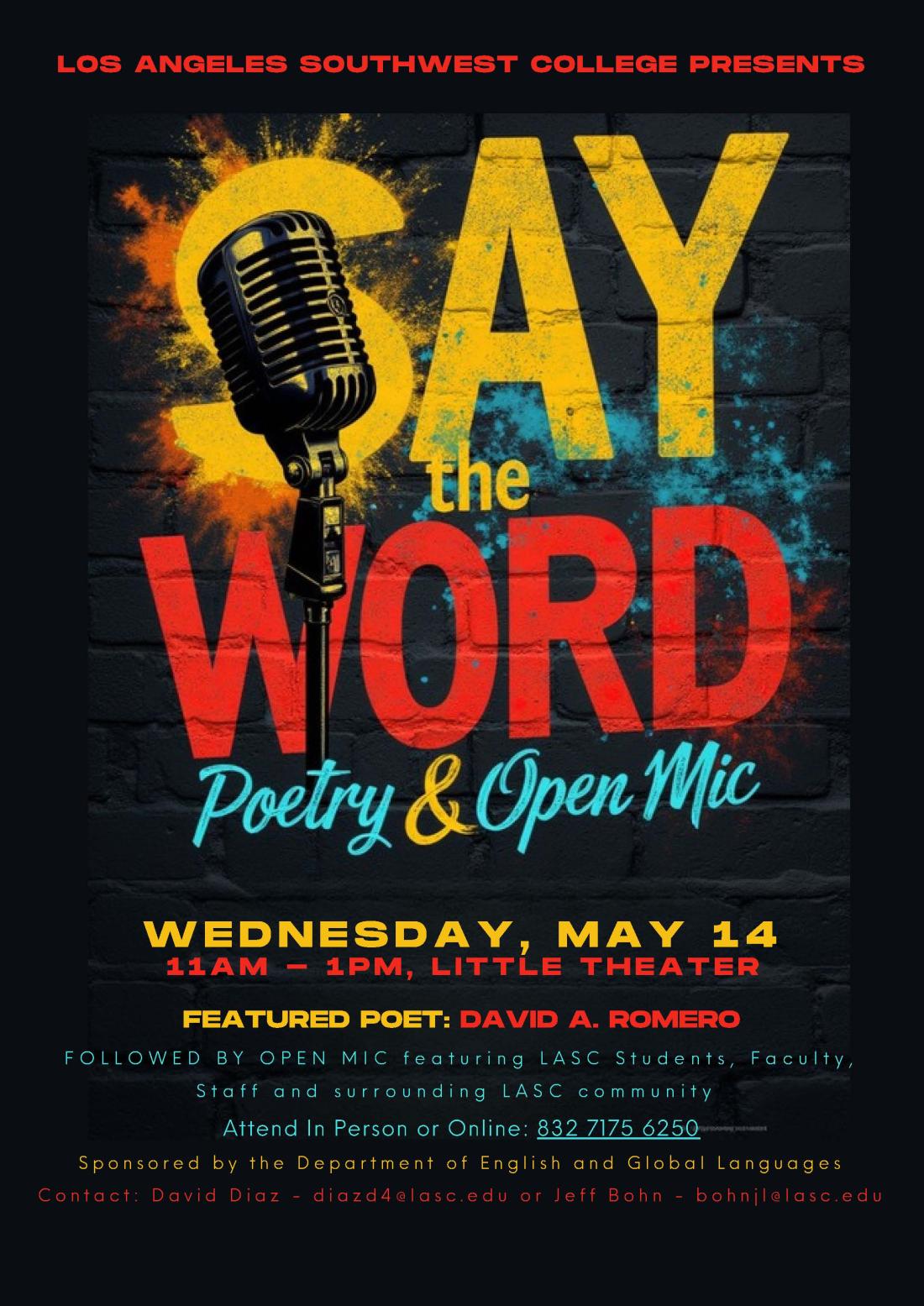 say the word poetry open mic event on May 14th at LASC flyer