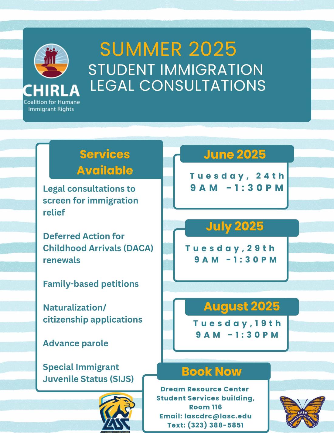 Dream Resource Center flyer showcasing upcoming immigration legal consultation events