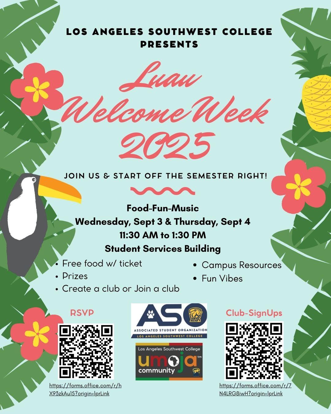 fall 2025 welcome week flyer with event details and qr codes to club sign up and event registration