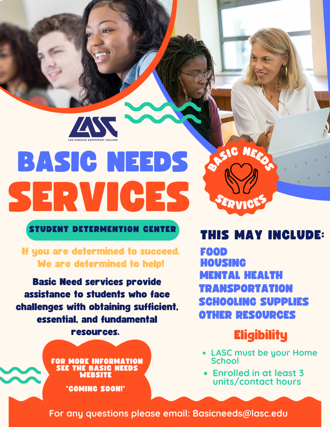 LASC basic needs services informational flyer with images of students receiving support
