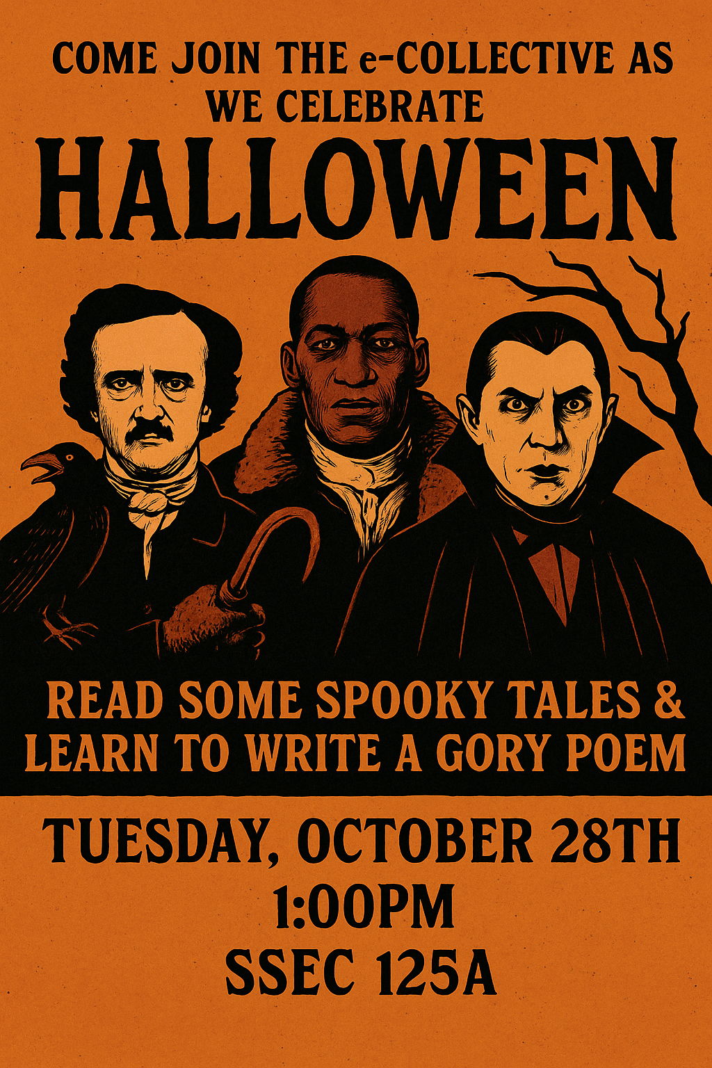 spooky characters on halloween flyer for lasc english department event