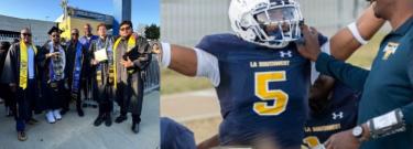 photo collage of coach miller on the field and with student athletes at graduation